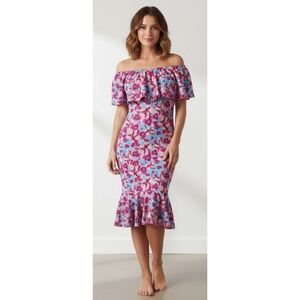 LuLaRoe Cici Flounce Off Shoulder Dress Blue & Pink Floral Size S